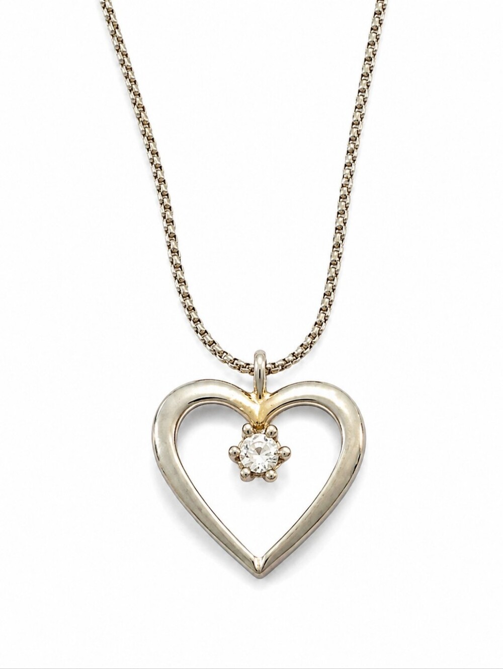 Silver Tone Open Heart Pendant Necklace with Clear Crystal Accent | Delicate